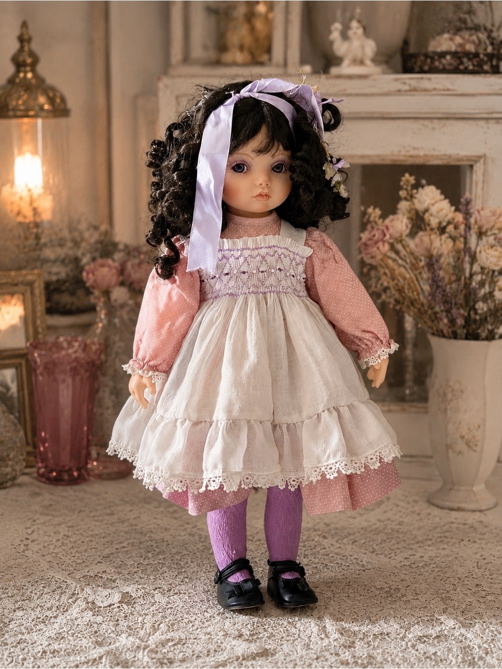 Handcrafted Porcelain Collectible Doll in Pink and Lavender - vintage